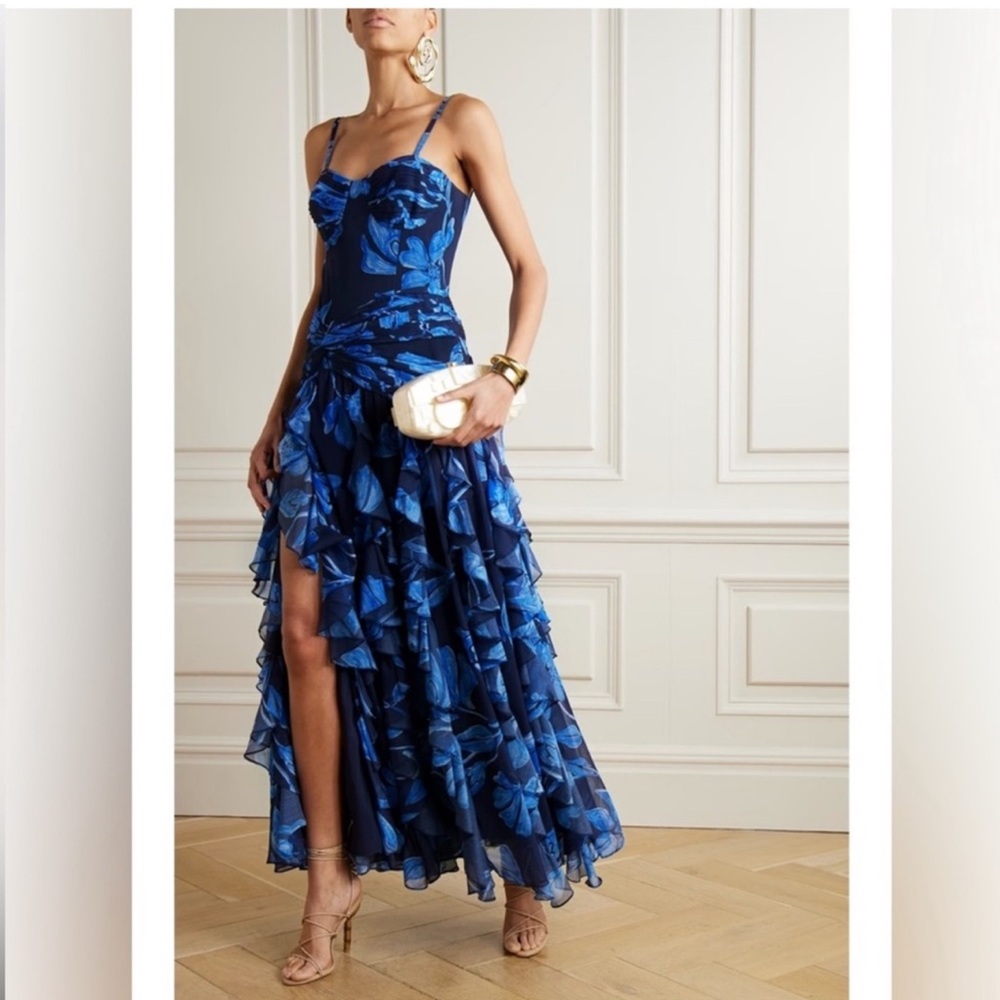 PatBO Nightflower Bustier Floral Indigo‎ Slit Blue Ruffle Maxi Dress 2 $1100